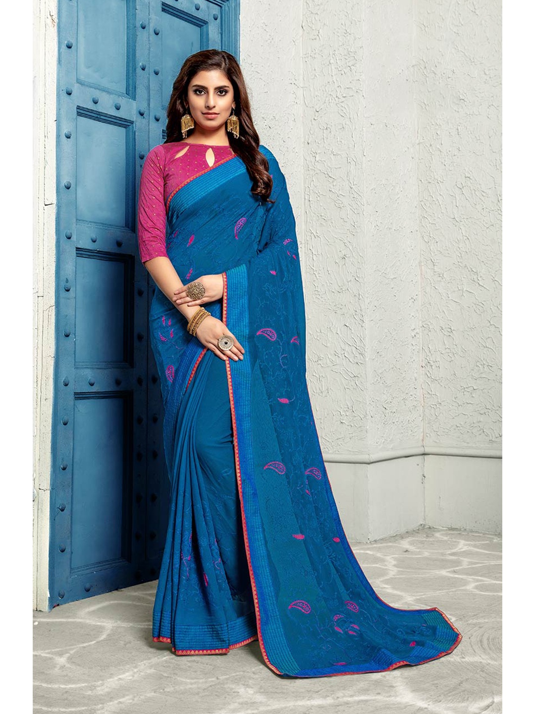 

Shaily Blue Women Ethnic Motifs Embroidered Pure Chiffon Saree