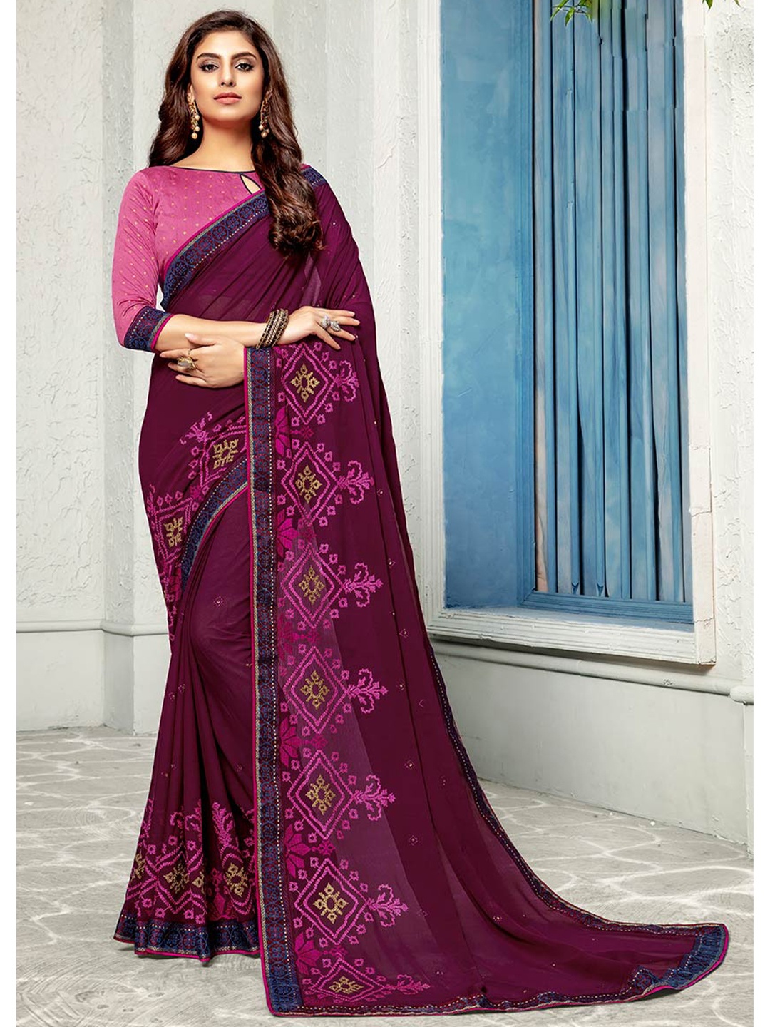 

Shaily Burgundy & Pink Embroidered Pure Chiffon Saree