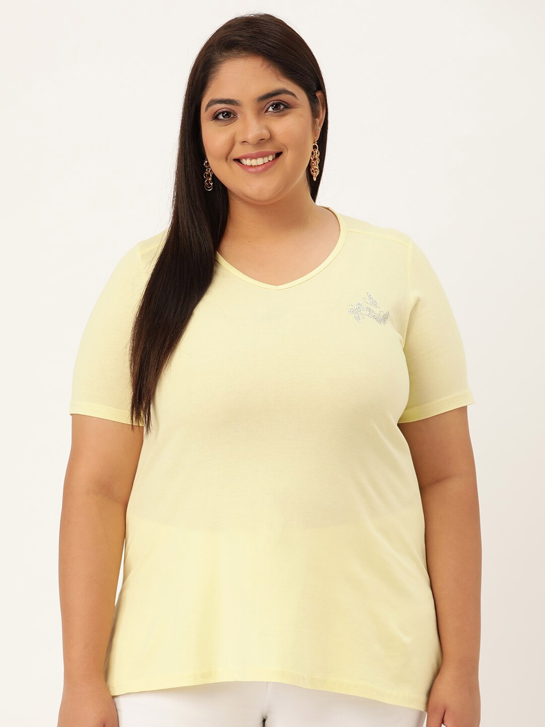 

theRebelinme Women Plus Size Yellow V-Neck T-shirt