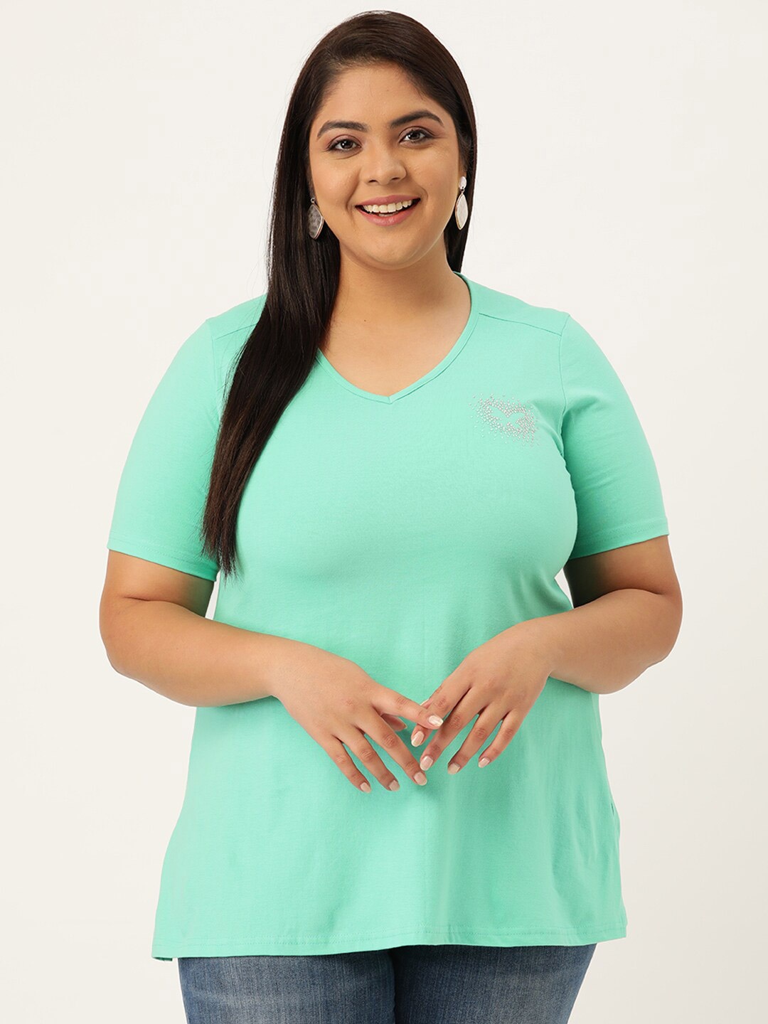 

theRebelinme Women Sea Green V-Neck T-shirt