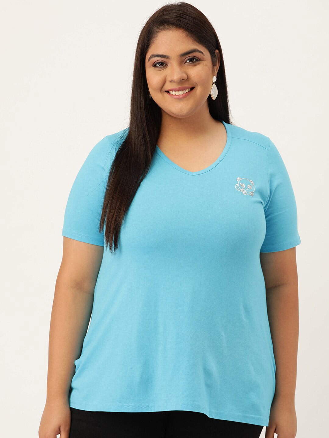 

theRebelinme Women Turquoise Blue Plus Size V-Neck T-shirt