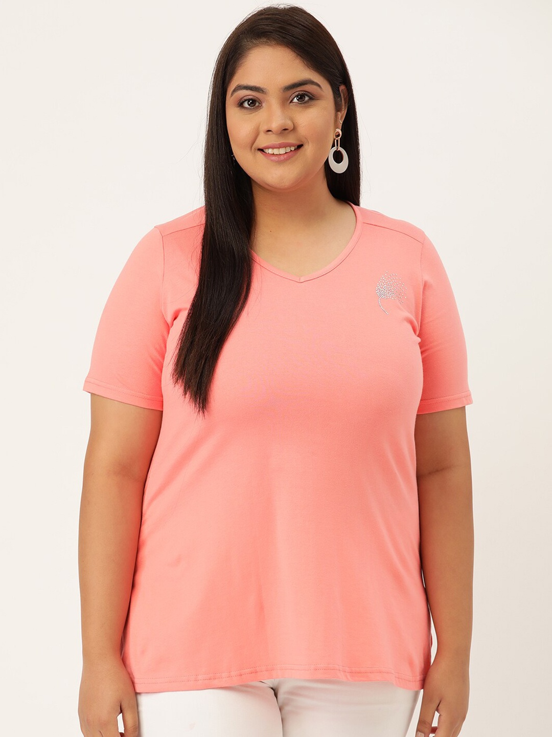 

theRebelinme Plus Size Women Peach-Coloured V-Neck Cotton T-shirt