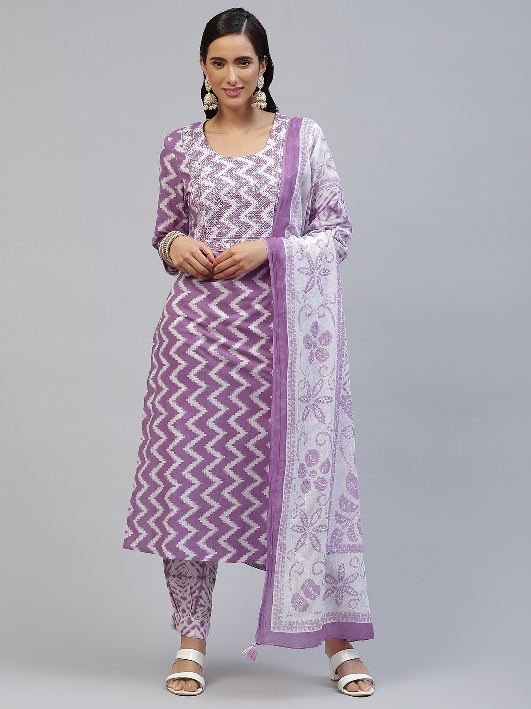 

PIROH Women Purple Chevron Print Pure Cotton Kurta with Trousers & Dupatta