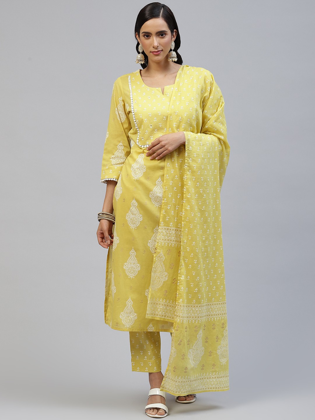 

PIROH Women Yellow & White Butta Print Pure Cotton Kurta with Trousers & Dupatta