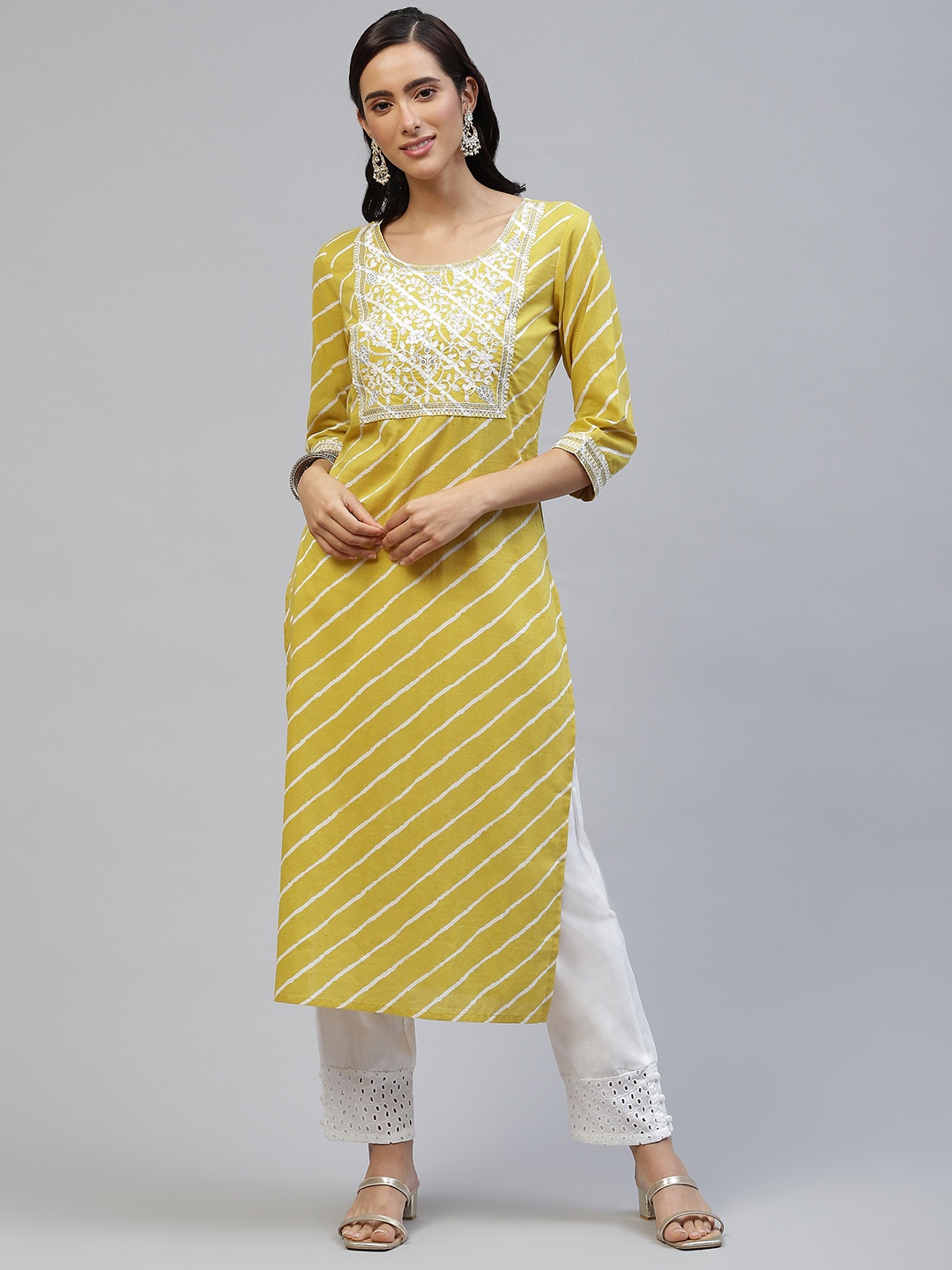 

PIROH Women Yellow & White Yoke Design Leheriya Straight Kurta