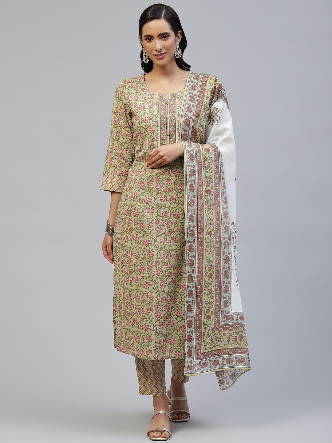 

PIROH Women Green Floral Jaal Print Pure Cotton Kurta with Trousers & Dupatta