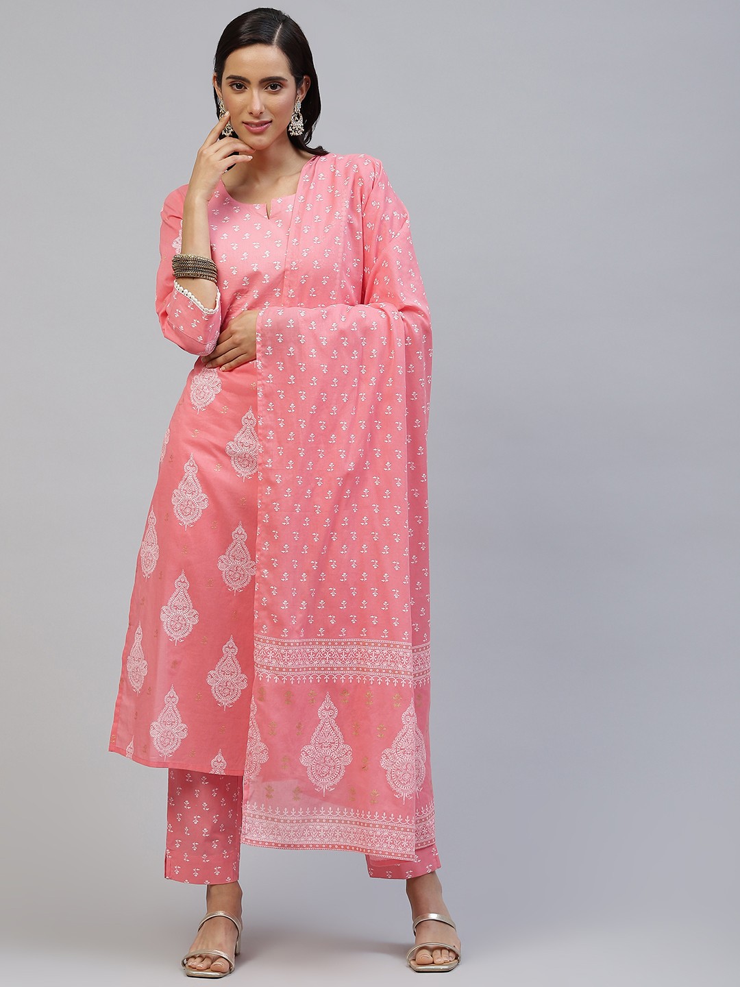 

PIROH Women Pink Butta Print Pure Cotton Kurta with Trousers & Dupatta