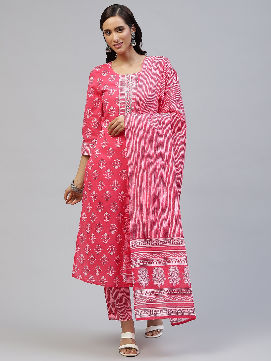 

PIROH Women Pink Floral Butta Print Pure Cotton Kurta with Trousers & Dupatta