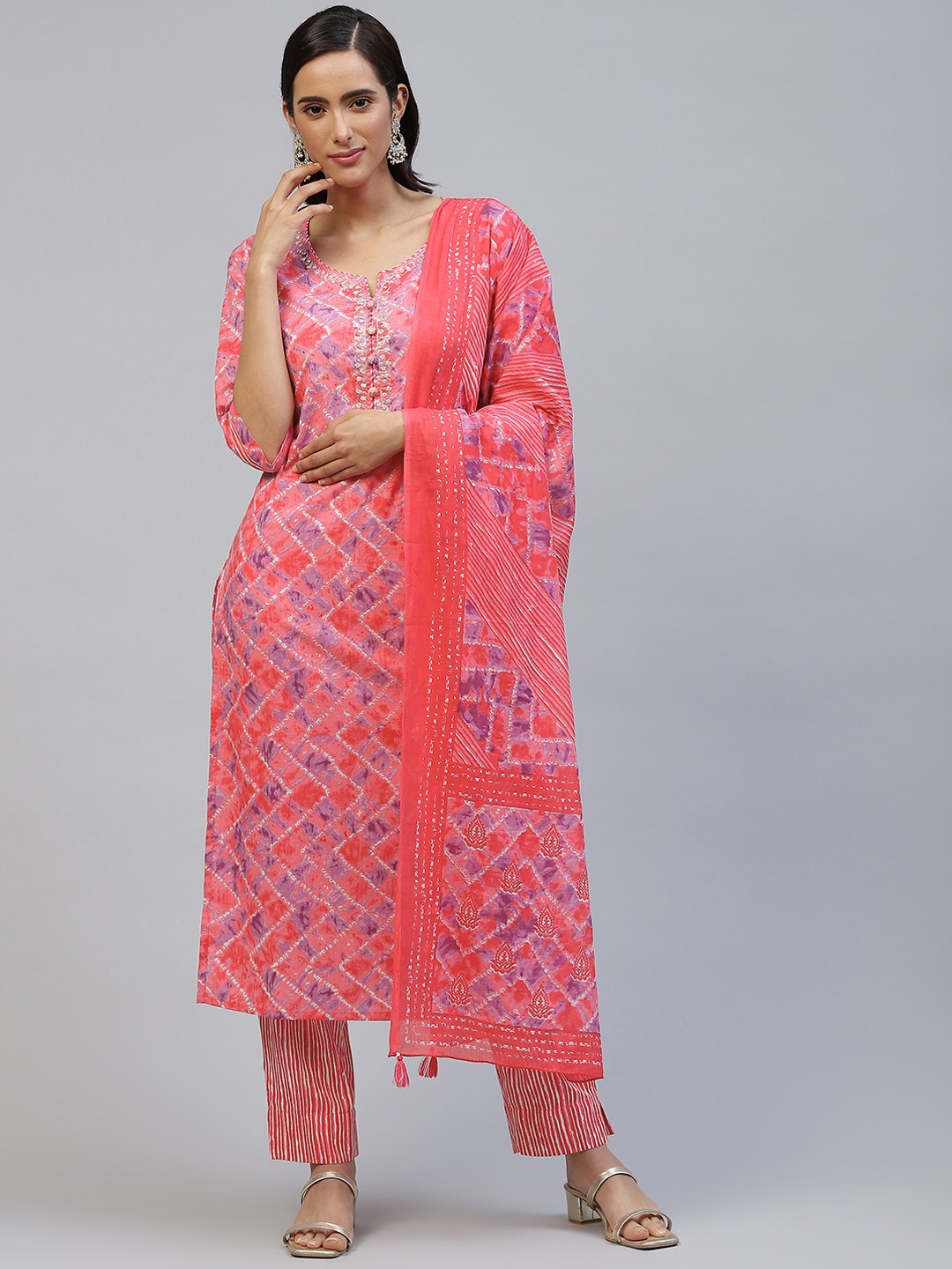 

PIROH Women Pink Tie Dye Print Pure Cotton Kurta with Trousers & Dupatta