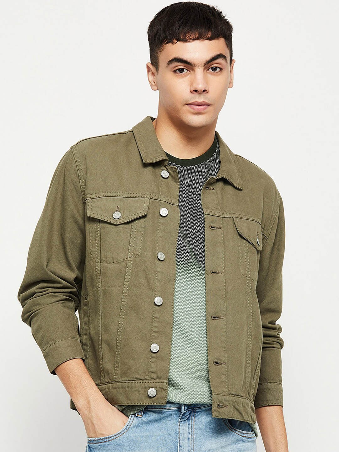 

max Men Olive Green Windcheater Crop Denim Jacket