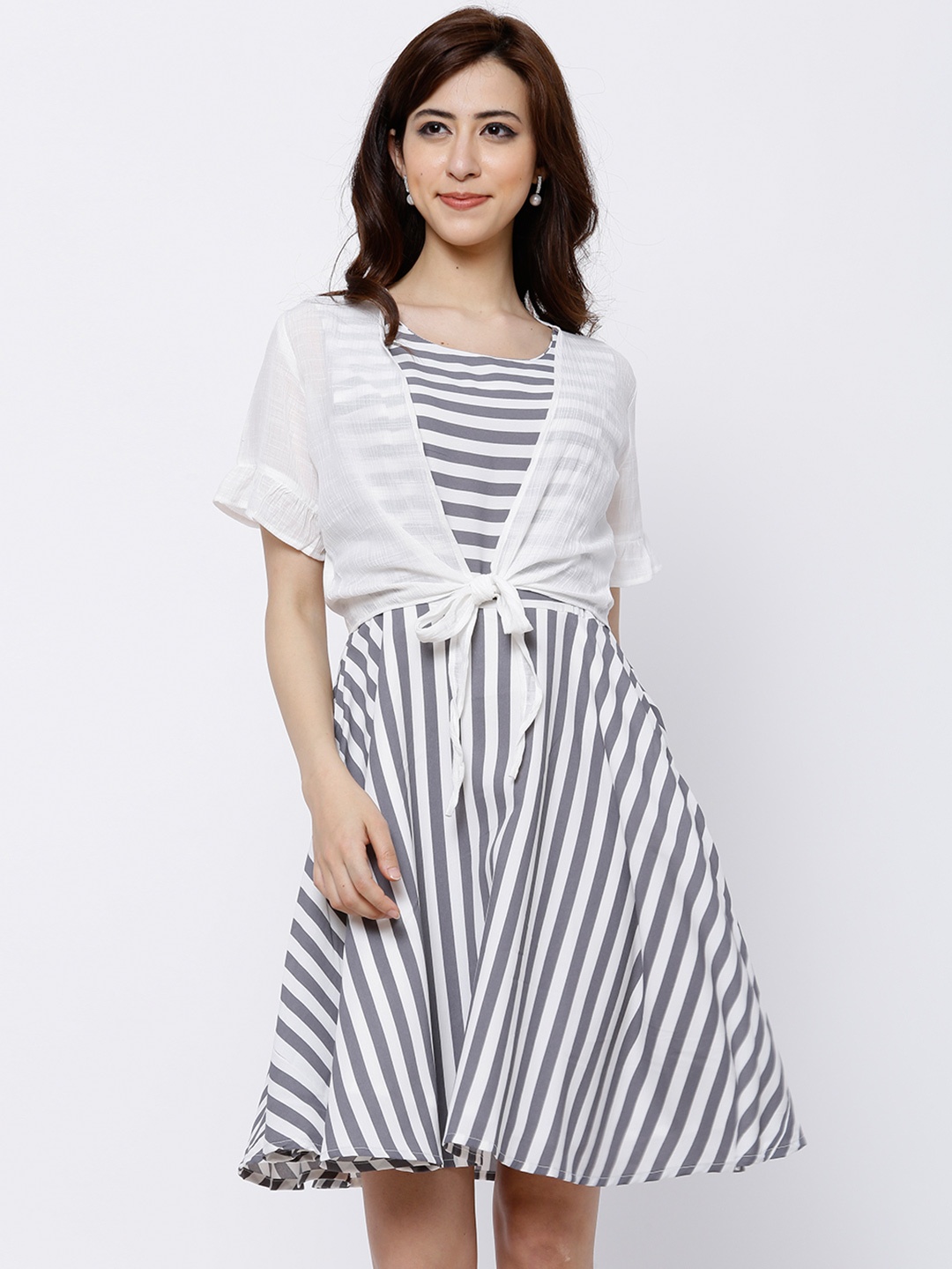 

Tokyo Talkies Women Grey & White Striped Fit and Flare Dress