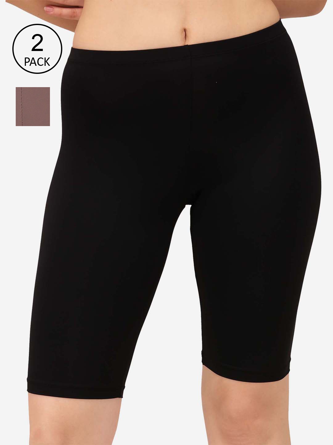 

Soie Women Pack Of 2 Mid Rise Knee Length Cycling Shorts, Black