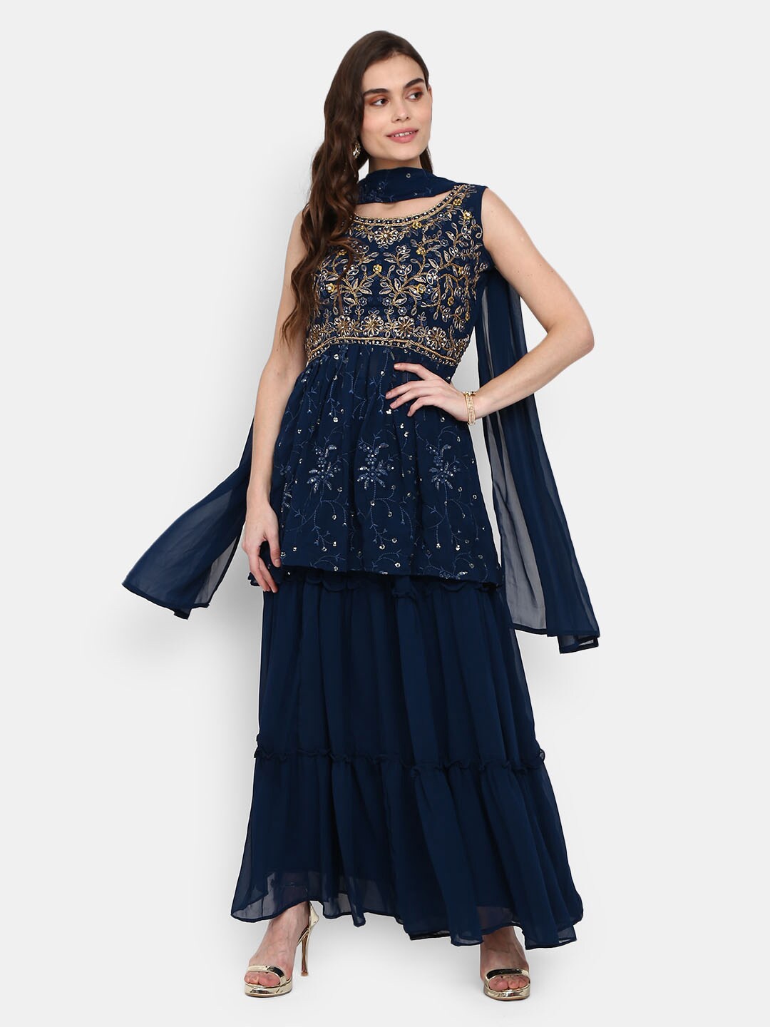 

V-Mart Women Teal Ethnic Motifs Embroidered Sequinned Kurti with Skirt & With Dupatta