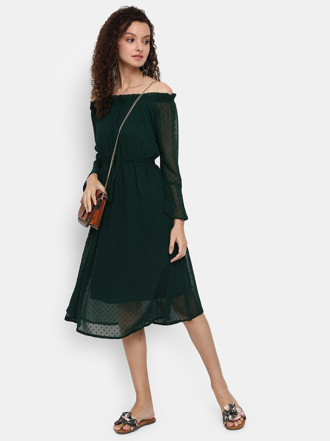 

V-Mart Olive Green Solid Off-Shoulder Midi Dress