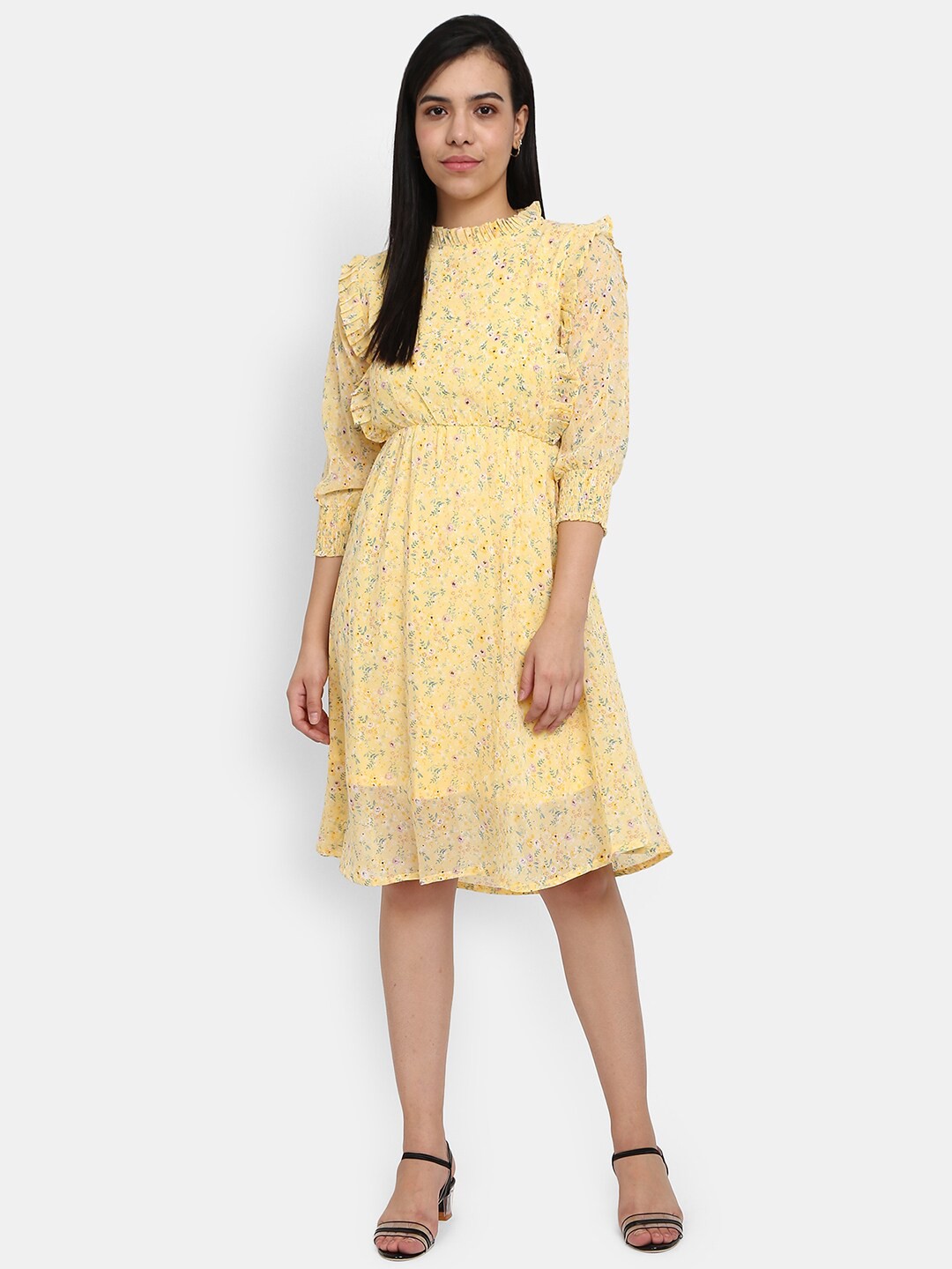 

V-Mart Women Yellow Floral Printed A-Line Dress