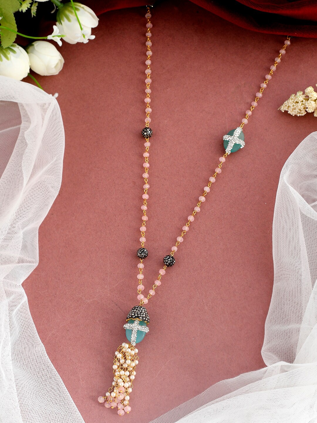 

DASTOOR Women Peach-Coloured Brass Gold-Plated Beaded Necklace