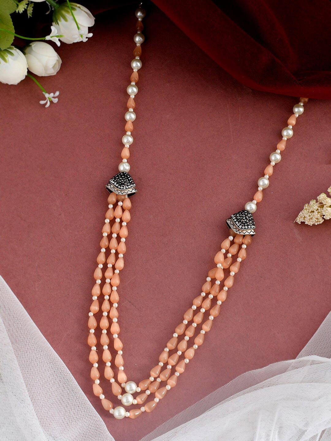 

DASTOOR Peach-Coloured & White Brass Silver-Plated Layered Necklace
