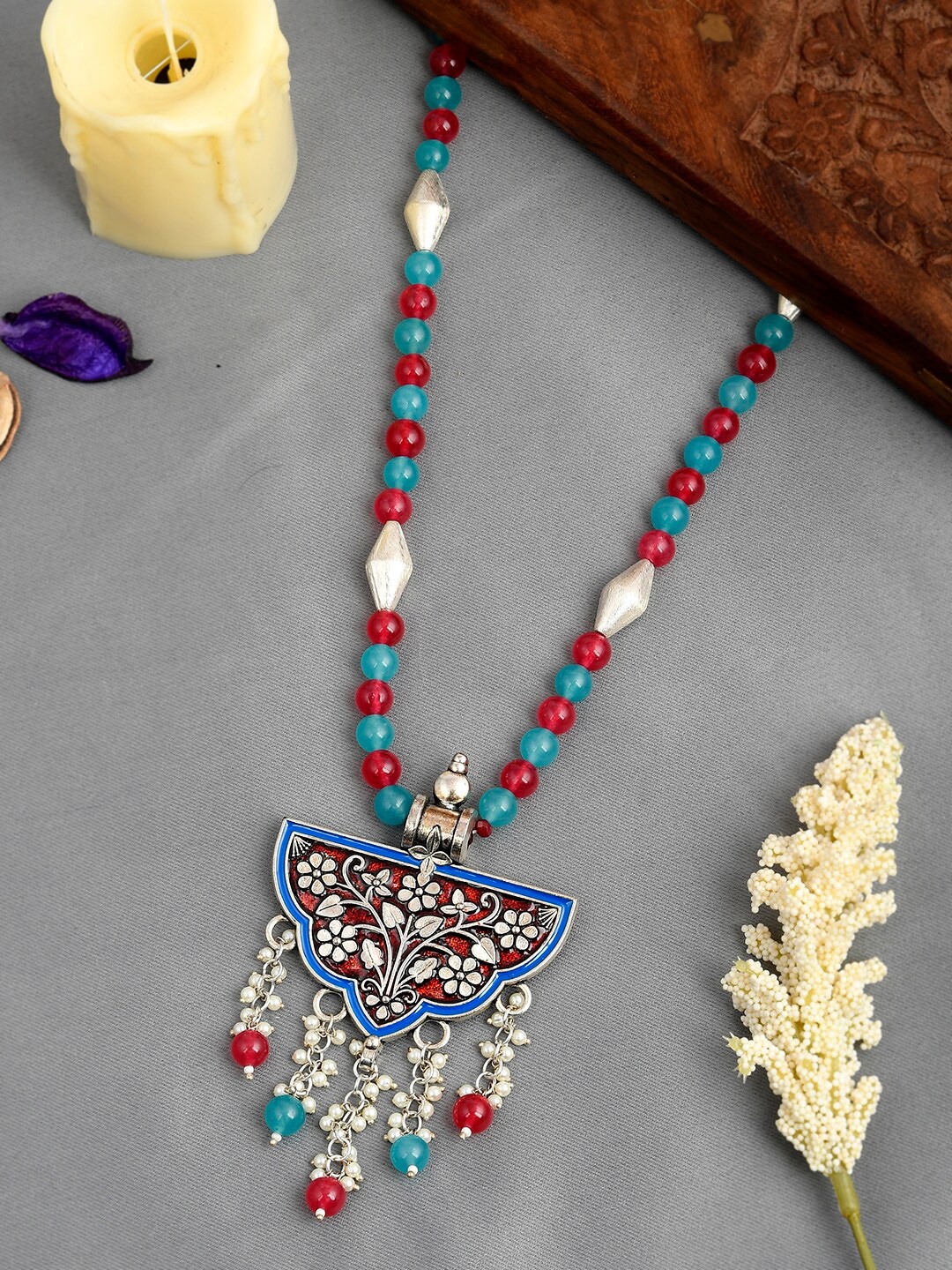 

DASTOOR Red & Blue Brass Silver-Plated Necklace