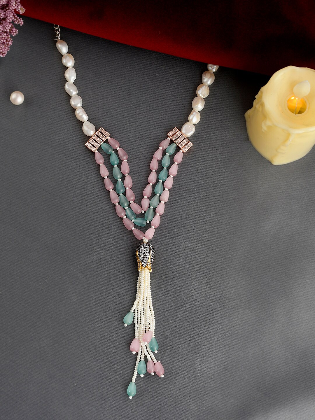 

DASTOOR Pink & Green Brass Gold-Plated Necklace