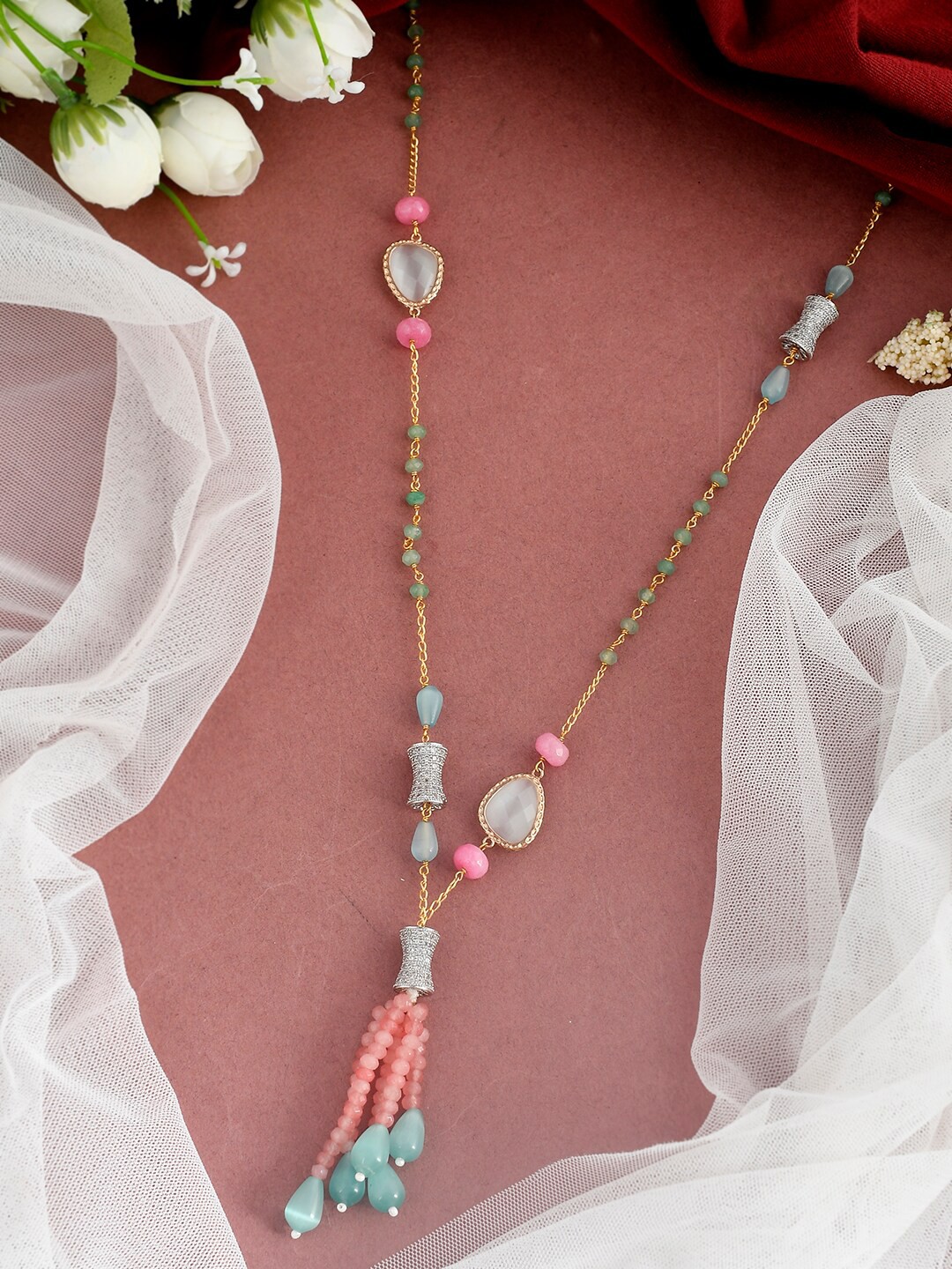 

DASTOOR Women Pink & White Brass Silver-Plated Necklace