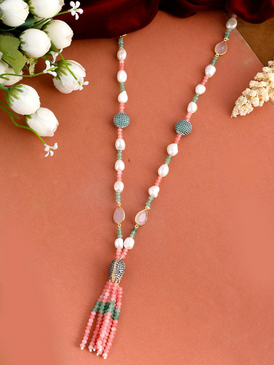 

DASTOOR Pink & White Brass Gold-Plated Necklace