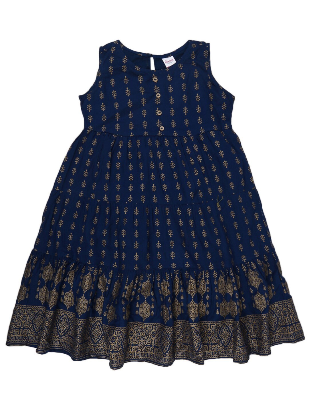 

V-Mart Girls Blue & Gold Printed Rayon Round Neck Dress