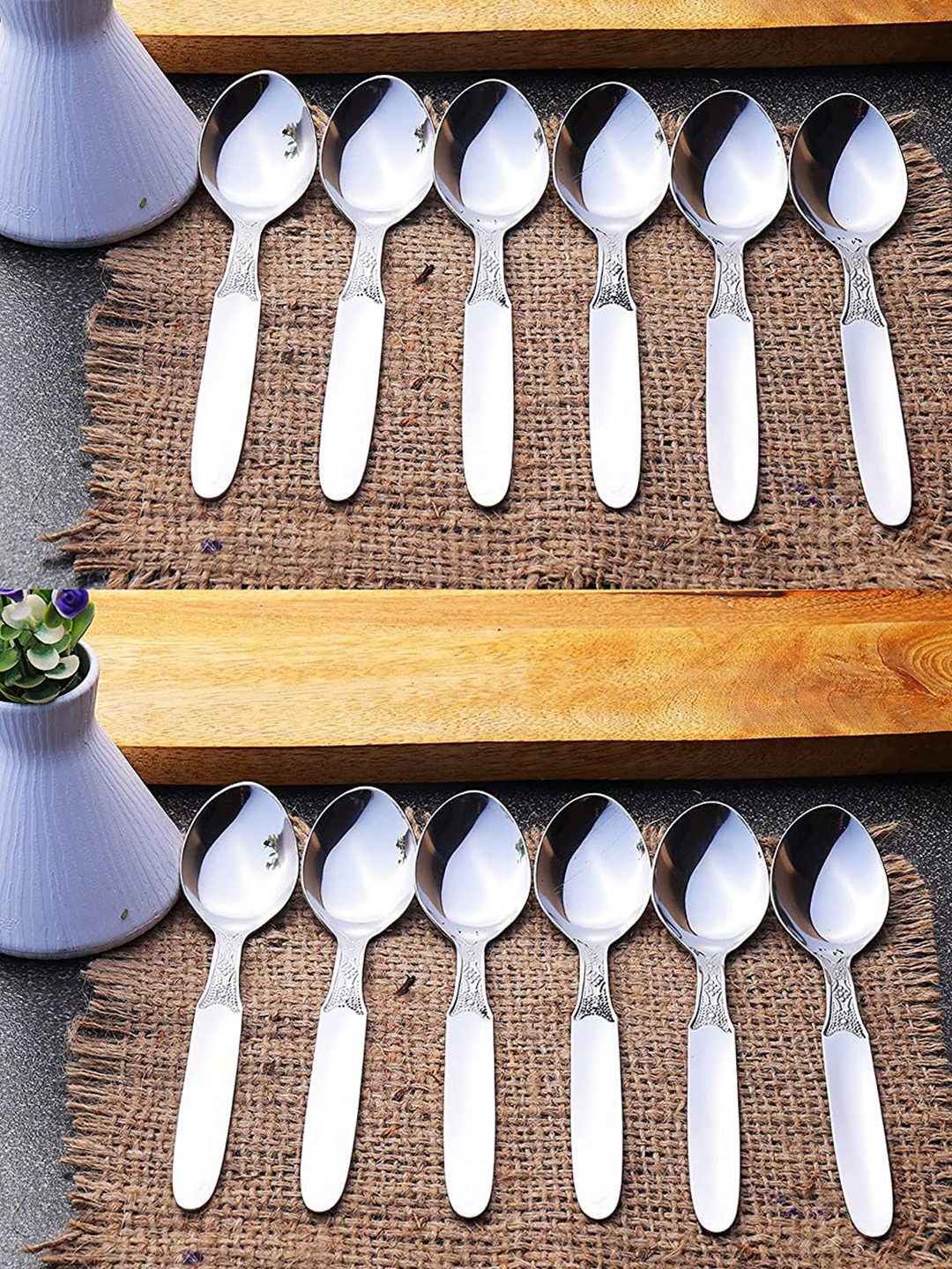 

ZEVORA Set Of 12 Silver-Toned Solid Stainless Steel Cutlery Holder Stand With Spoons & Forks