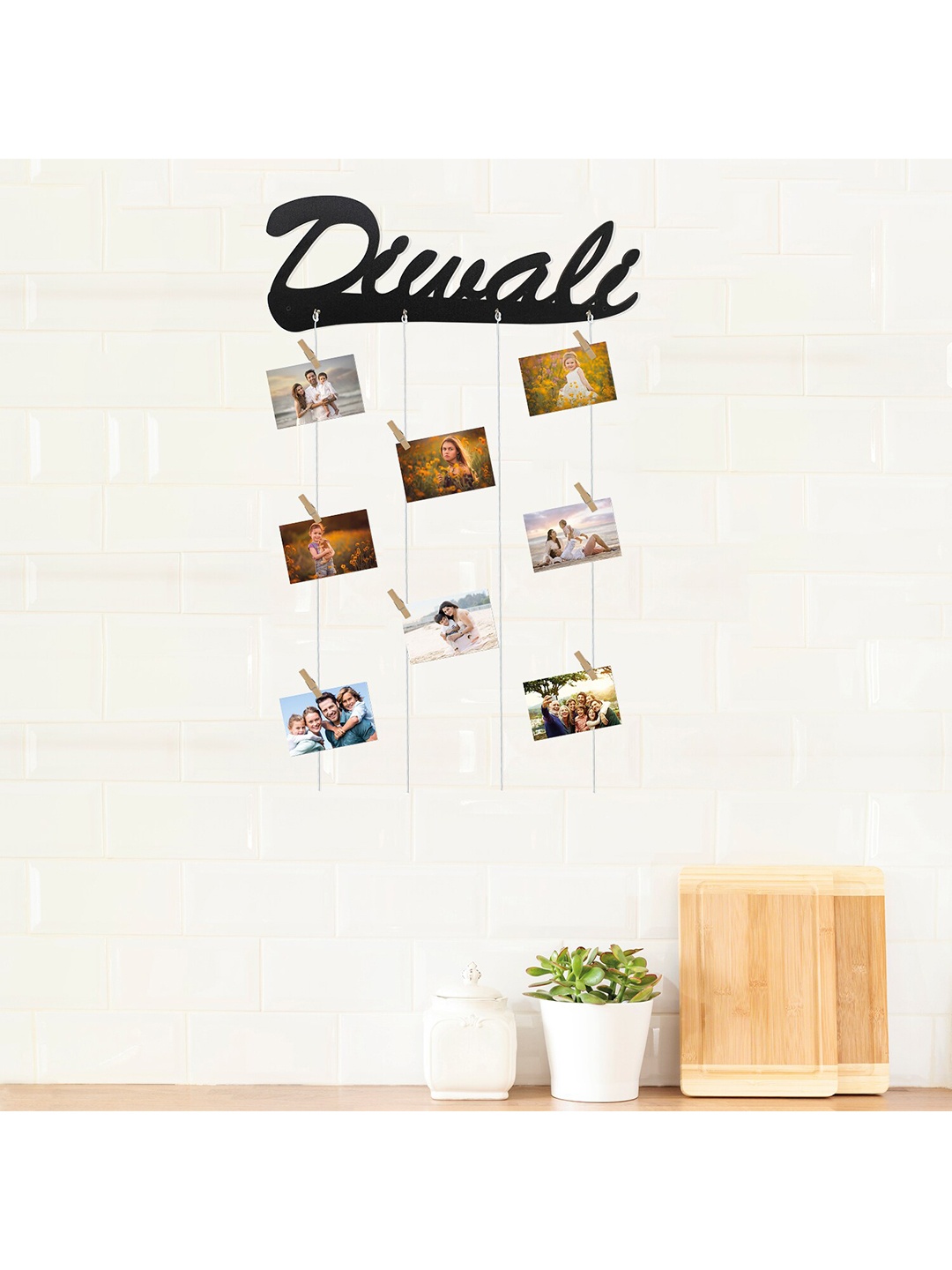 

RANDOM Wooden Diwali Rope 8-Picture Hanging Photo Frame with Clips, Black