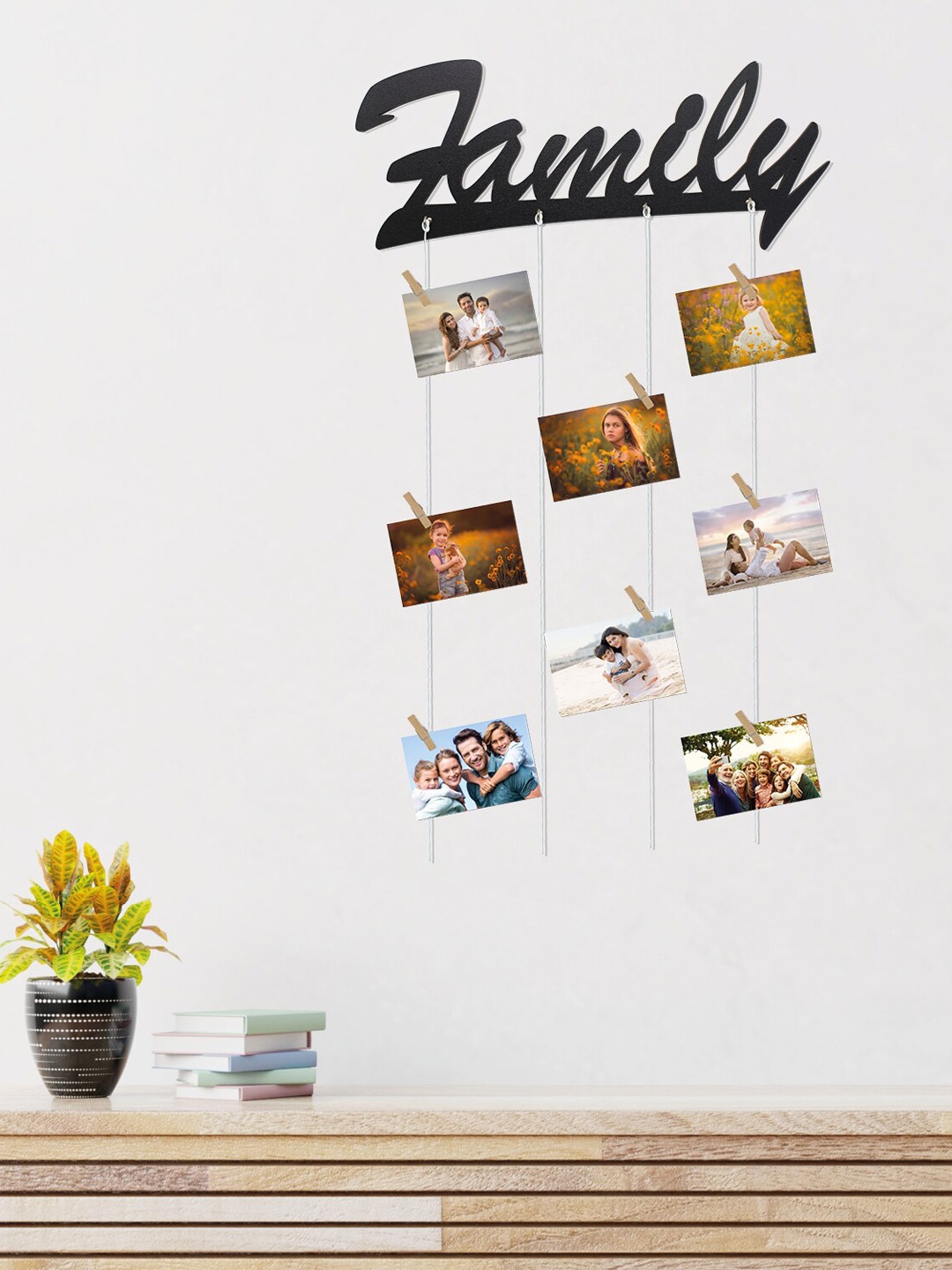 

RANDOM Wooden Family Rope 8-Picture Hanging Photo Frame with Clips, Black