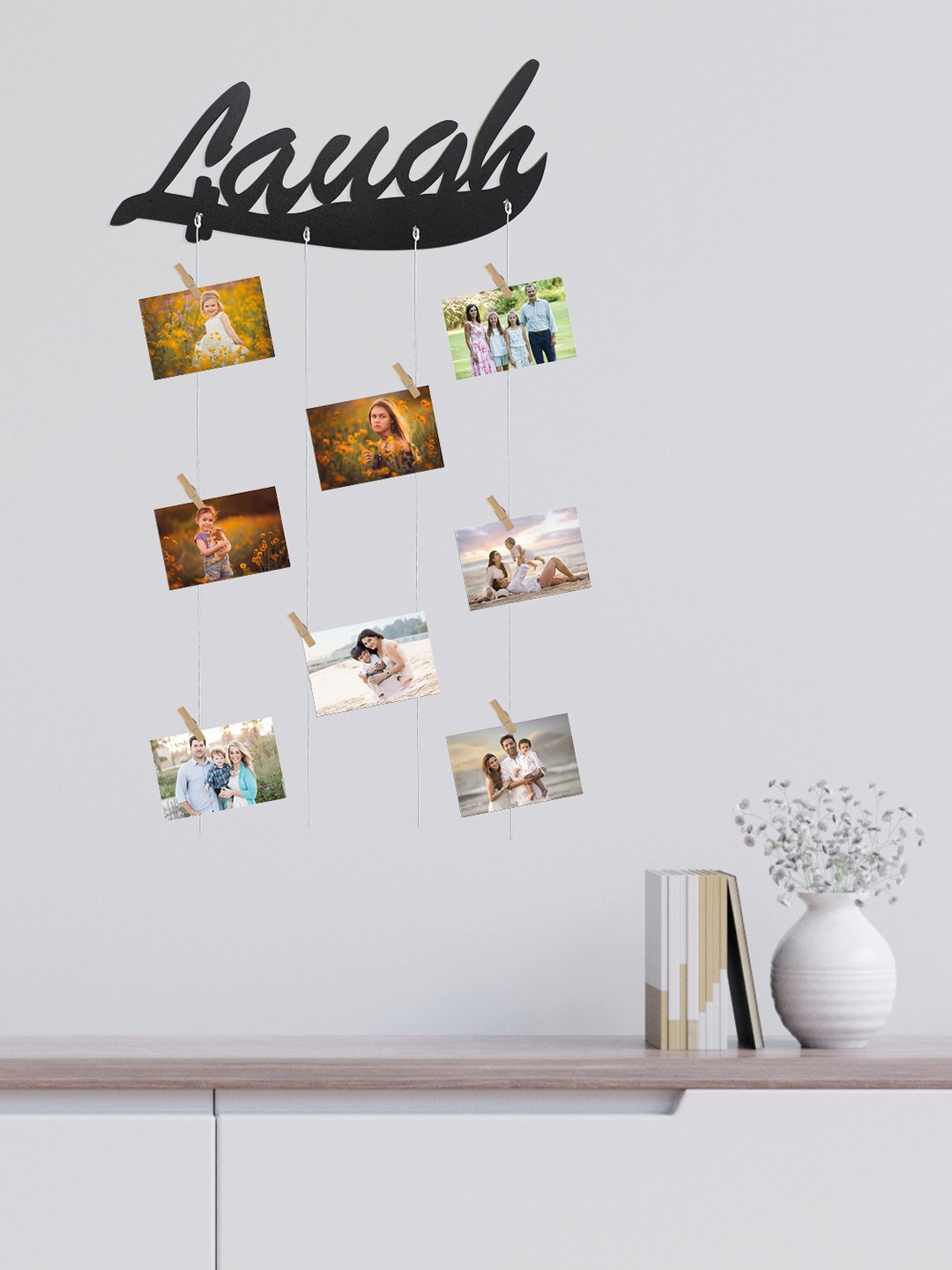 

RANDOM Wooden Laugh Rope 8-Picture Hanging Photo Frame with Clips, Black