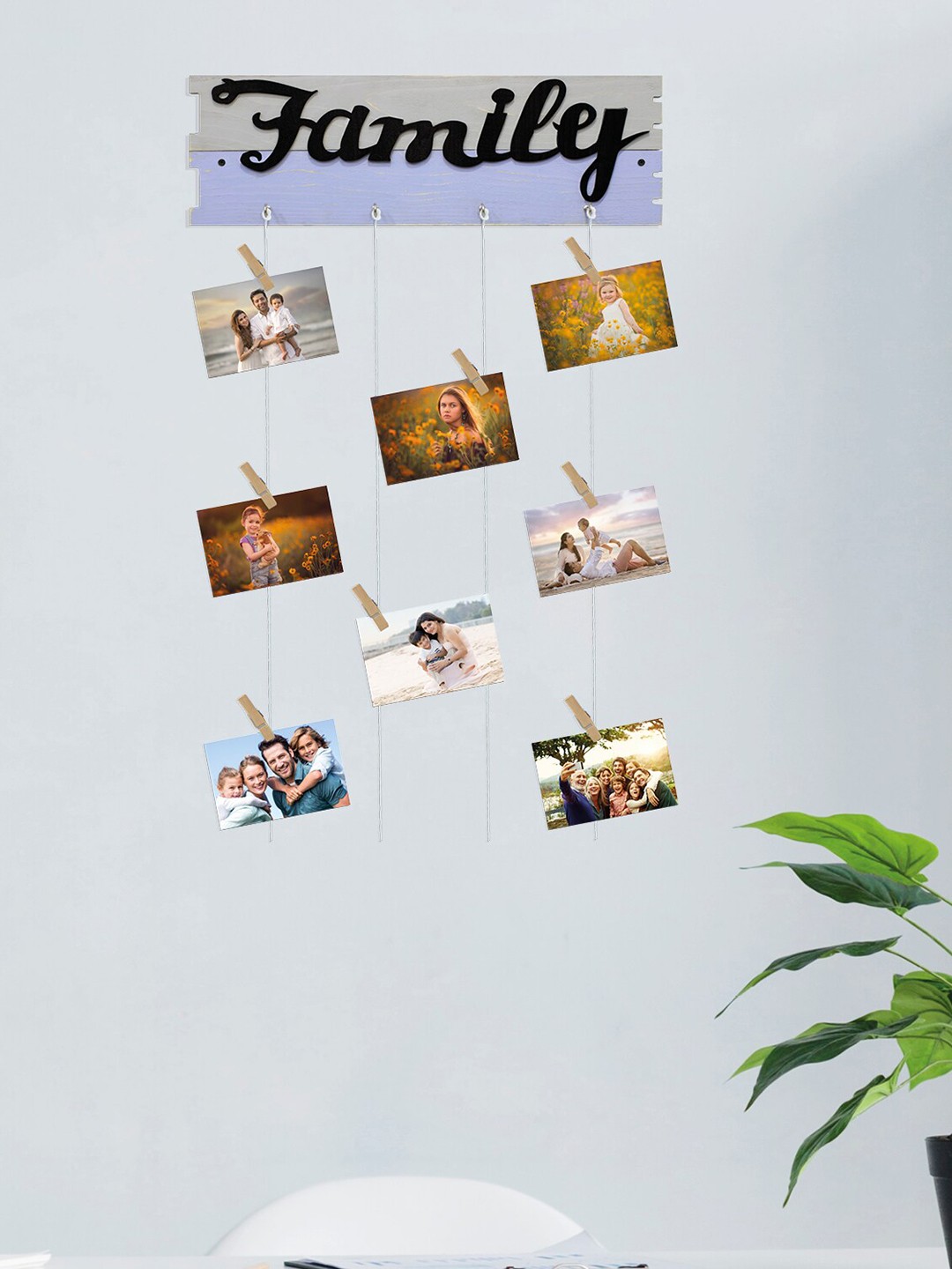 

RANDOM Wooden Family Rope 8-Picture Hanging Photo Frame with Clips, Black
