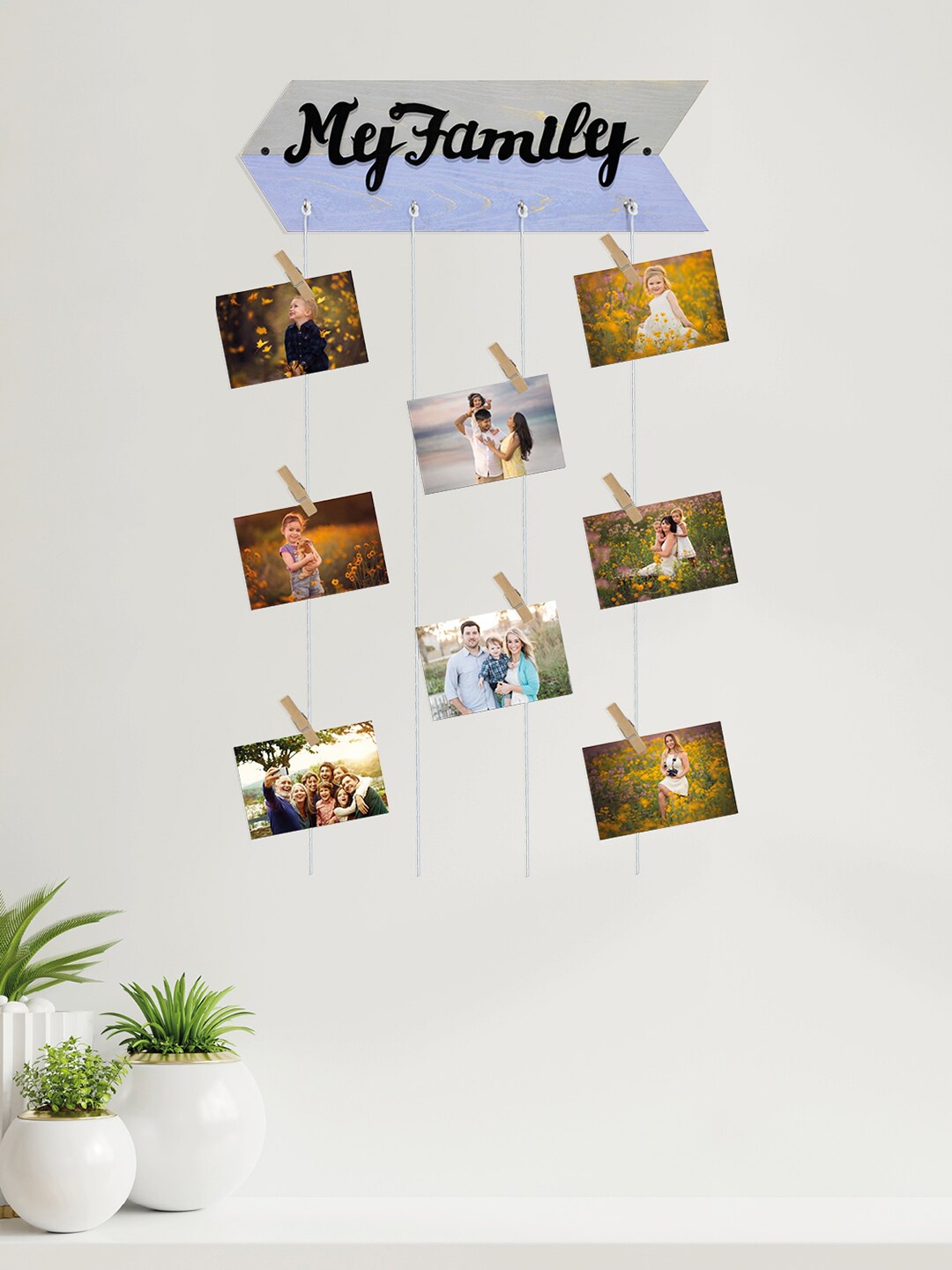 

RANDOM Wooden My Family Rope 8-Picture Hanging Photo Frame with Clips, Black