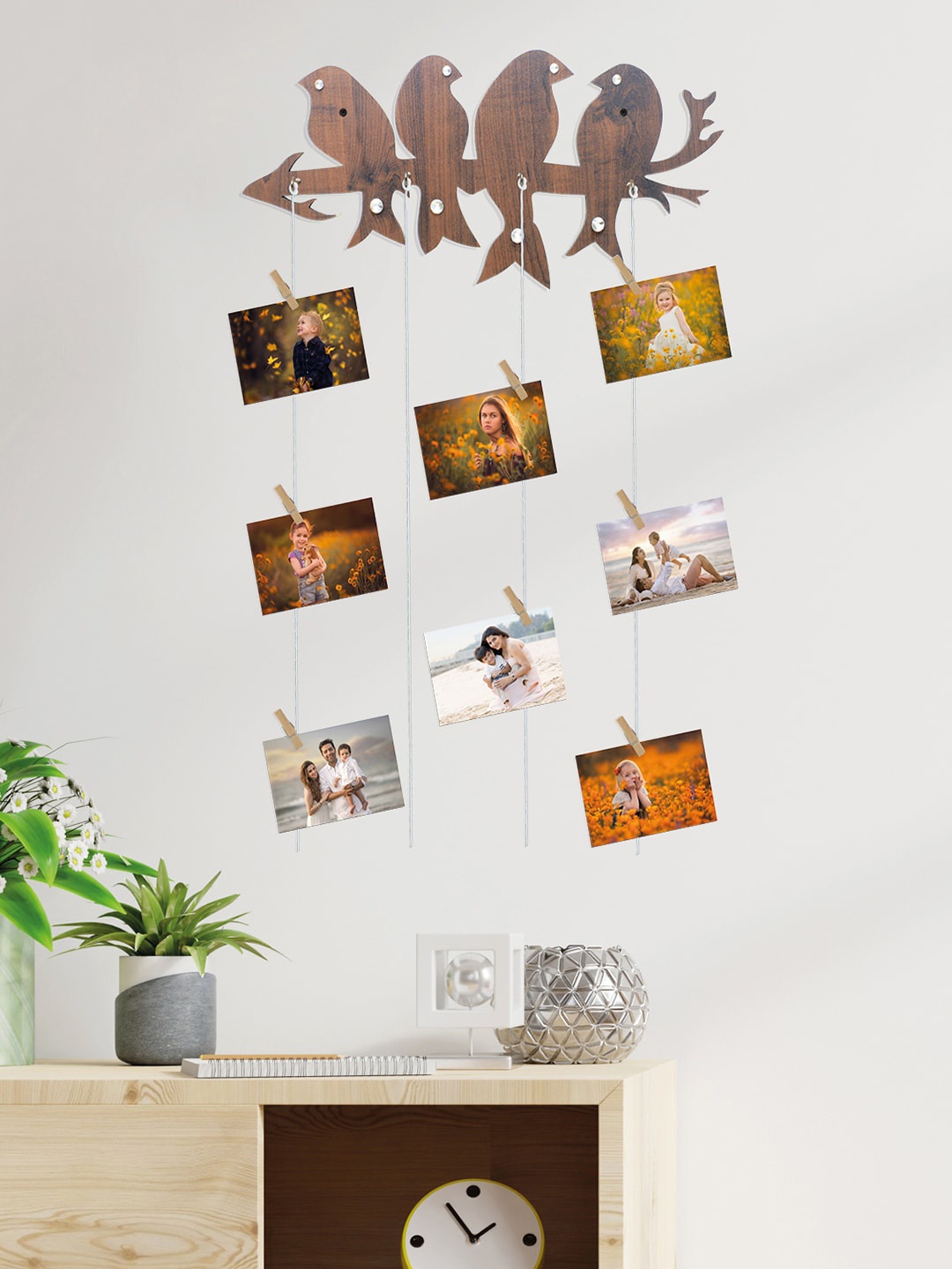 

RANDOM Wooden Rope 8-Picture Hanging Photo Frame with Clips, Brown