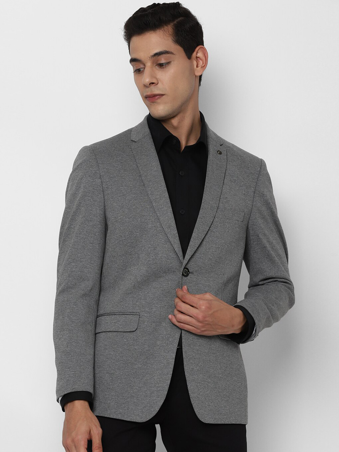 

Allen Solly Men Grey Solid Pure Cotton Single-Breasted Slim-Fit Formal Blazer