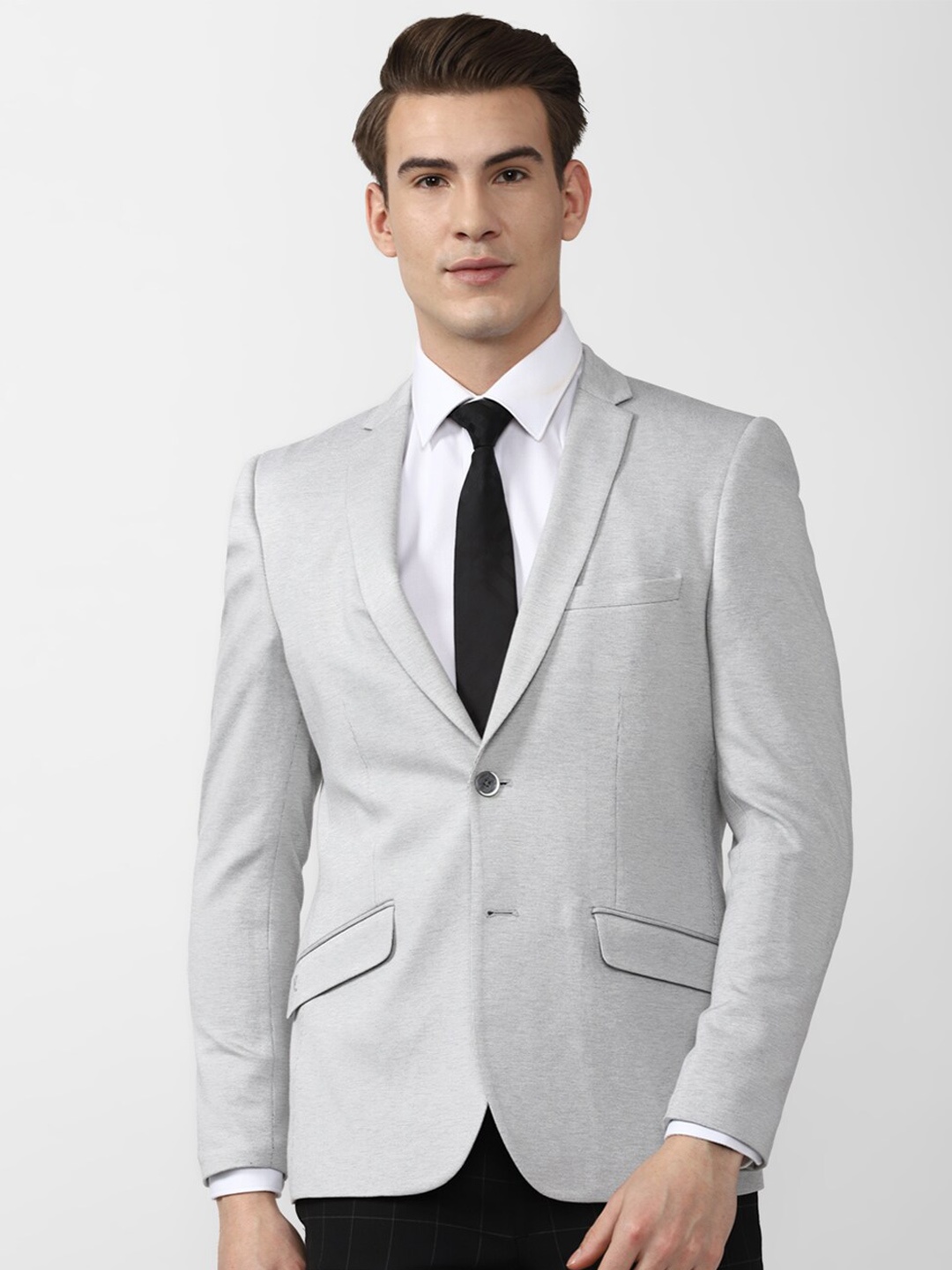 V Dot Men Grey Solid Single-Breasted Slim-Fit Blazers