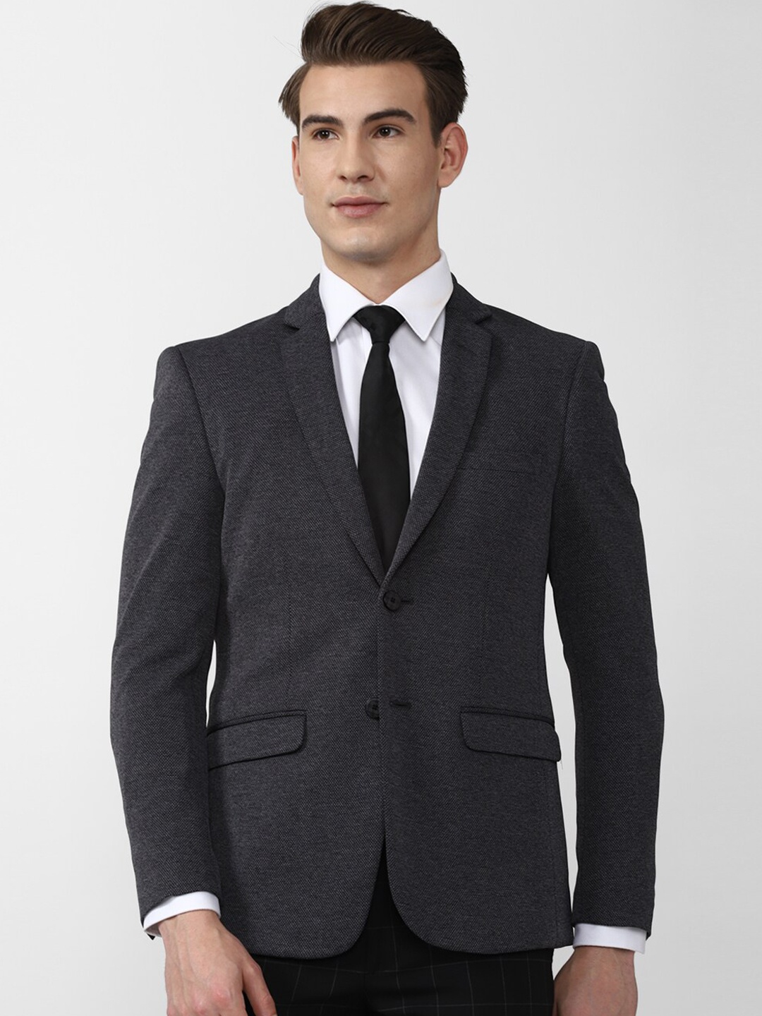 

Van Heusen Men Grey Solid Pure Cotton Single-Breasted Slim-Fit Formal Blazers
