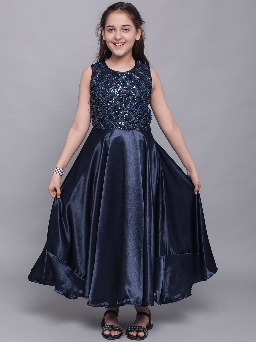 

White World Navy Blue Embellished Satin Ethnic Maxi Dress
