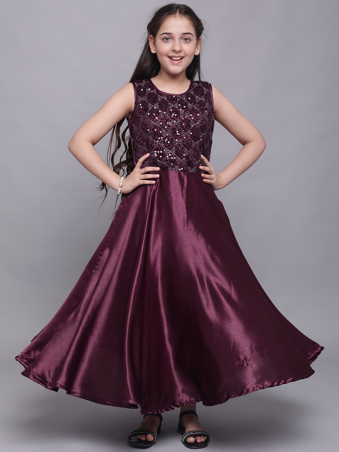 

White World Violet Embellished Satin Ethnic Maxi Dress
