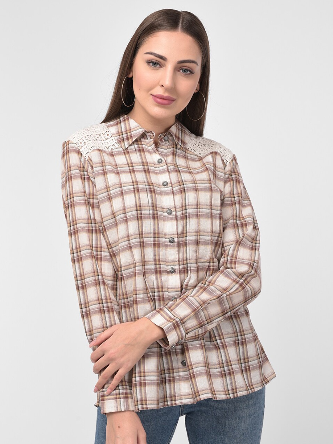 

250 DESIGNS Women Khaki Tartan Checks Checked Casual Shirt