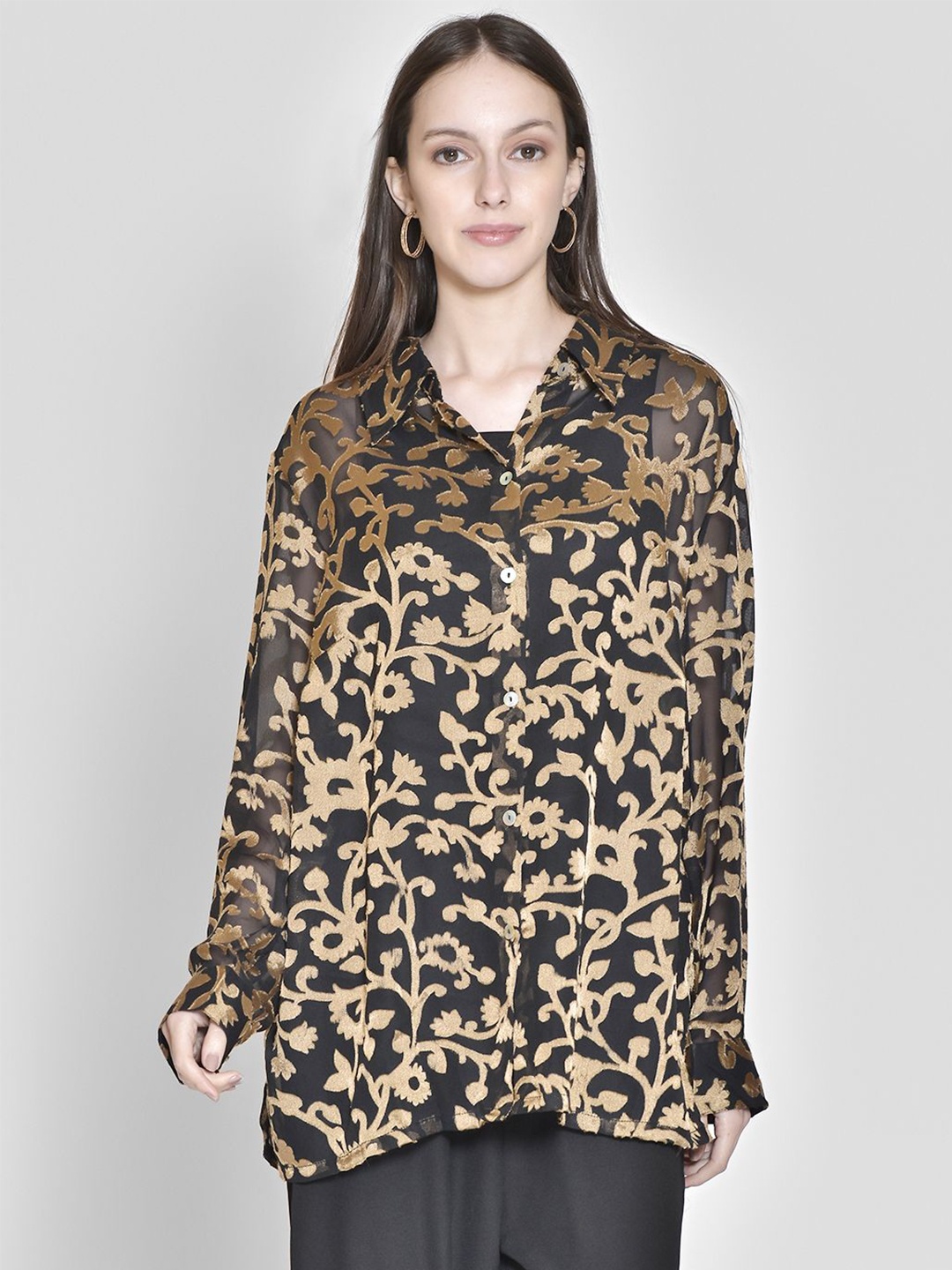 

250 DESIGNS Women Black Animal Semi Sheer Printed Party Shirt