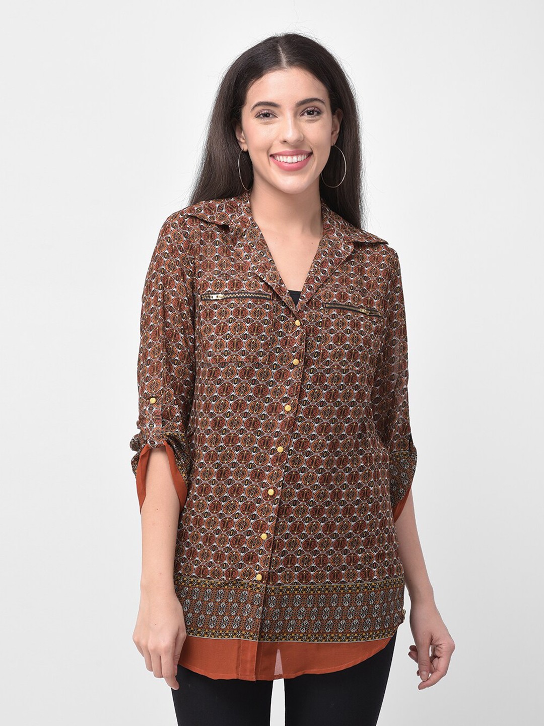 

250 DESIGNS Women Brown Printed Casual Shirt