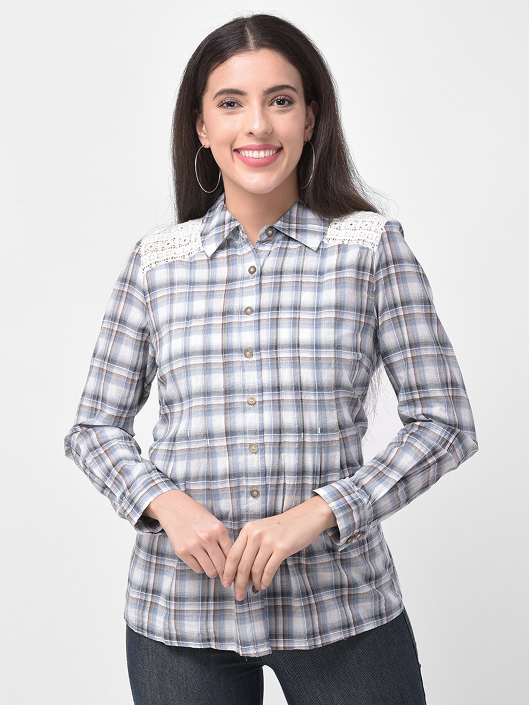 

250 DESIGNS Women Blue Tartan Checks Lace Patch Casual Shirt