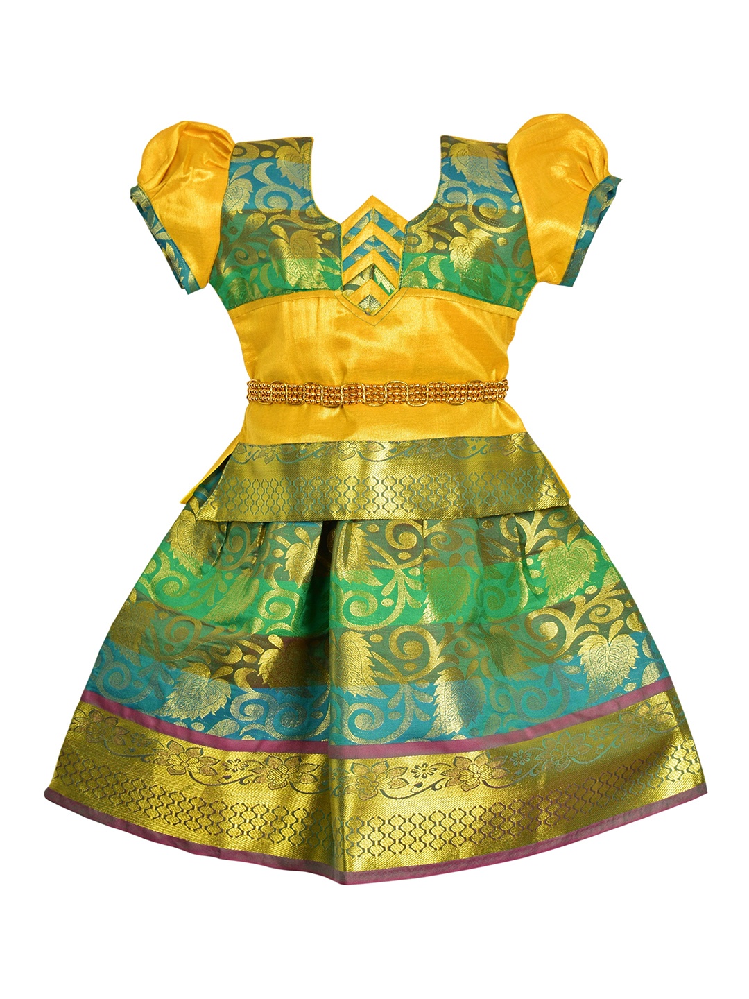 

AMIRTHA FASHION Girls Green & Yellow Thread Work Ready to Wear Lehenga Choli