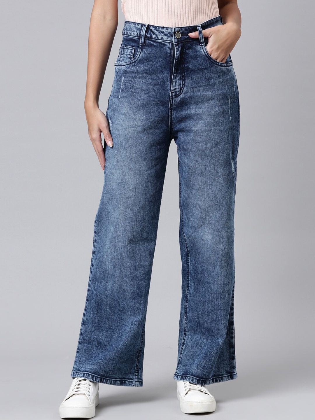 

ZHEIA Women Blue Wide Leg High-Rise Low Distress Heavy Fade Jeans