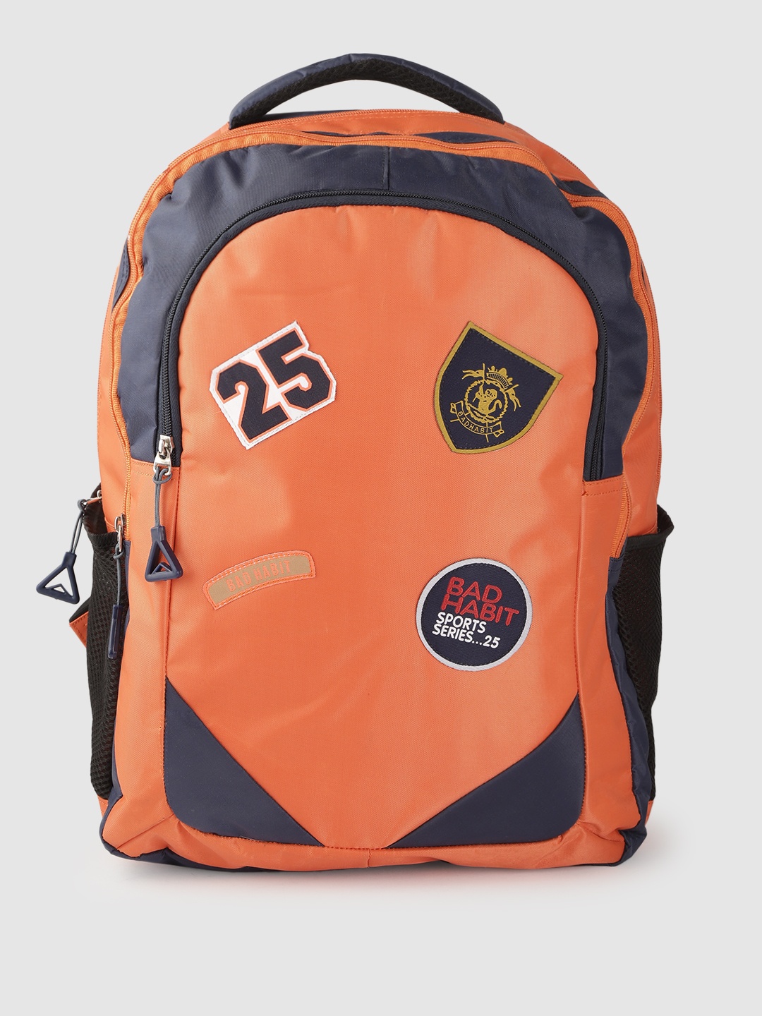 

BAD HABIT Unisex Orange & Navy Blue Colourblocked Applique Detail Backpack