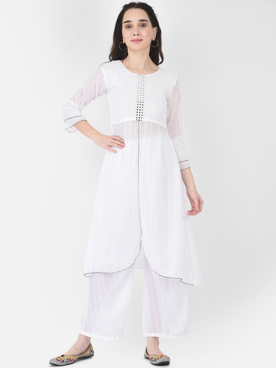 

FNOCKS Women White Striped High Slit Mirror Work Kurta with Trousers