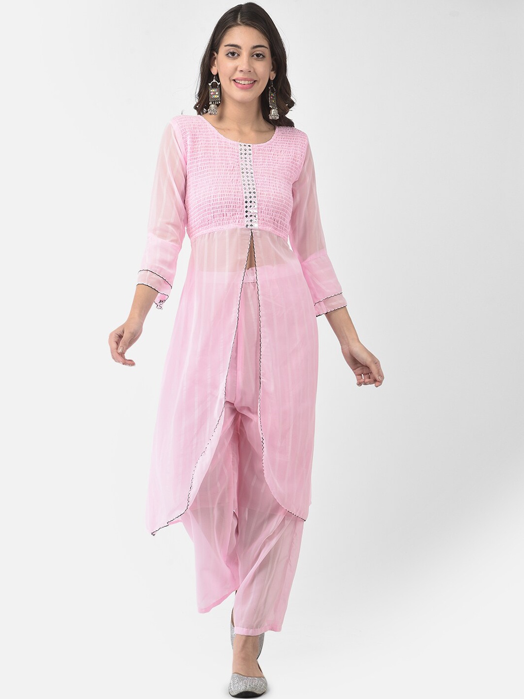 

FNOCKS Women Pink Georgette Front Slit Three Quarter Sleeve A-Line Kurta with Trousers