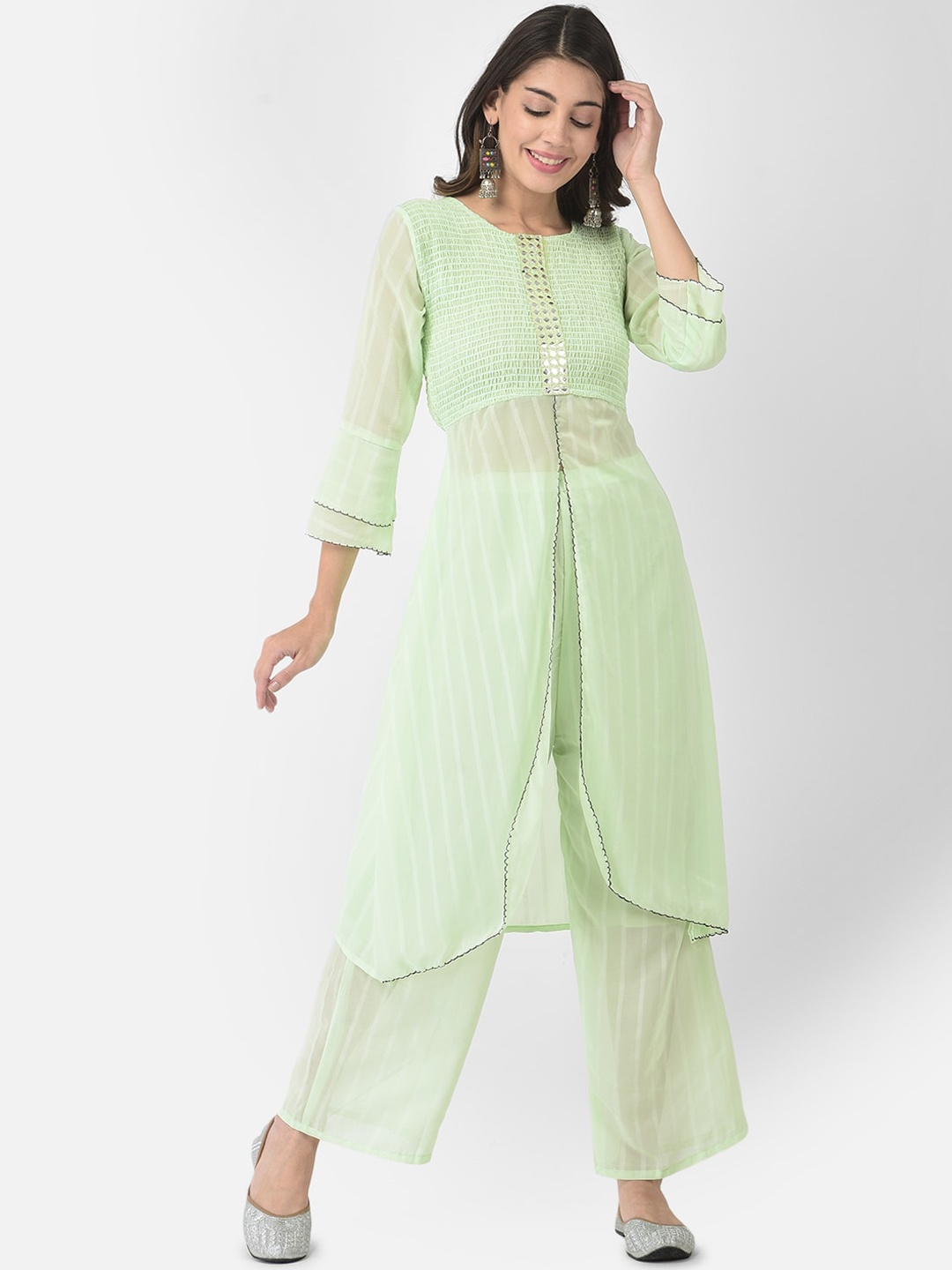 

FNOCKS Women Green Yoke Design Mirror Work Kurta with Palazzos
