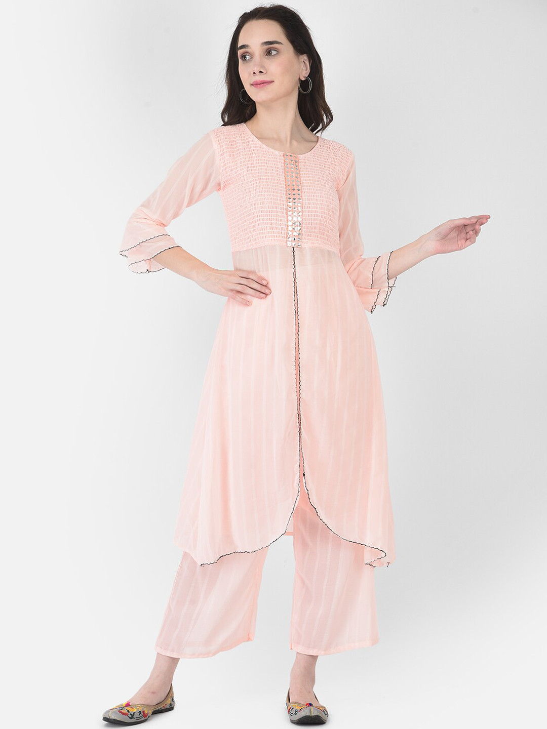 

FNOCKS Women Peach-Coloured Front Slit Three Quarter Sleeve A-Line Kurta with Trousers