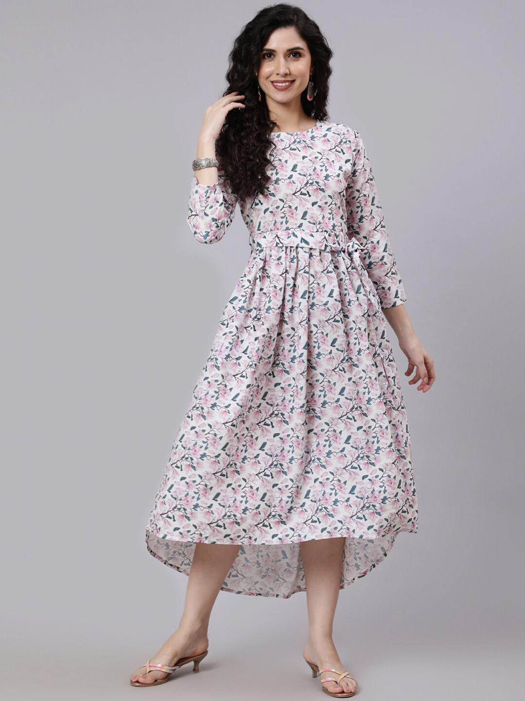 

Nayo Off White Floral Crepe Printed Flared Midi Dress